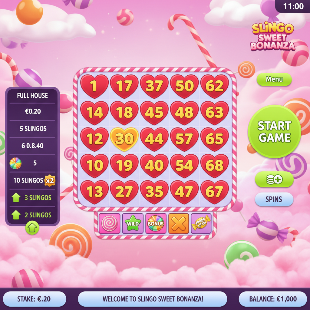 Slingo Sweet Bonanza spelrutnät med godistemade hjärtformade symboler, färgglada klubbor och bombbonusar i rosa och lila toner
