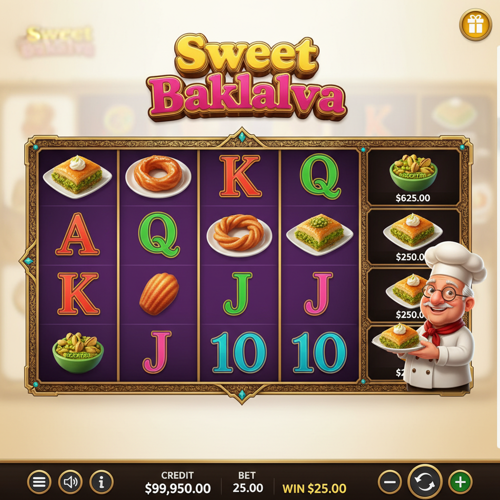 Sweet Baklava slot från Pragmatic Play med turkiskt bageri-tema, baklava penningsymboler och vänlig kock-karaktär