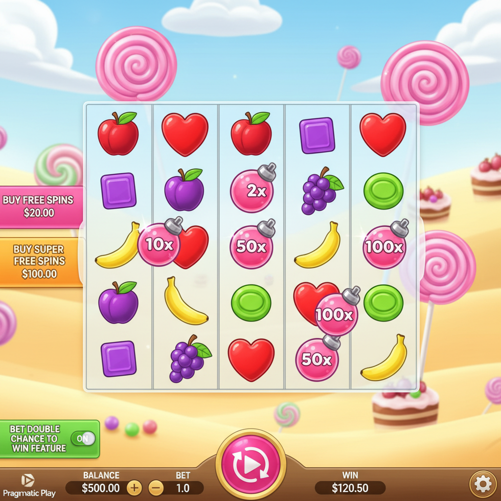 Sweet Bonanza 1000 spelautomat med färgglada godisar, frukt, lollipops och multiplier bombs på 6x5 rutnät mot ökenbakgrund