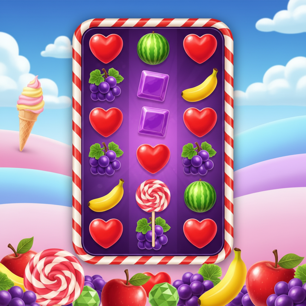 Sweet Bonanza slot med färgglada lollipops, hjärtgodis, bananer, druvor och äpplen på lila spelplan med candy-ram