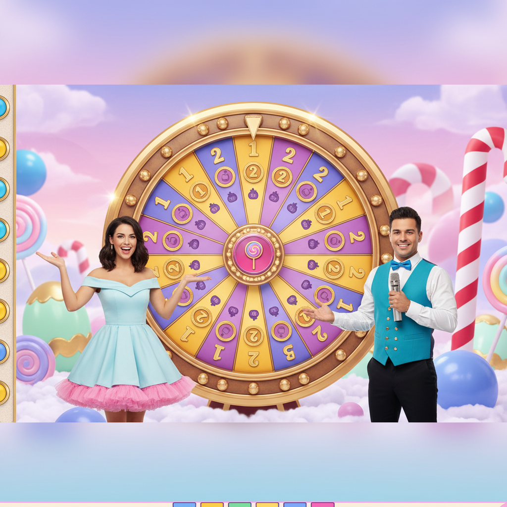 Sweet Bonanza CandyLand live casino hjul med godisdekorationer, lollipops, pastellfärger och guldram i candy-land studio