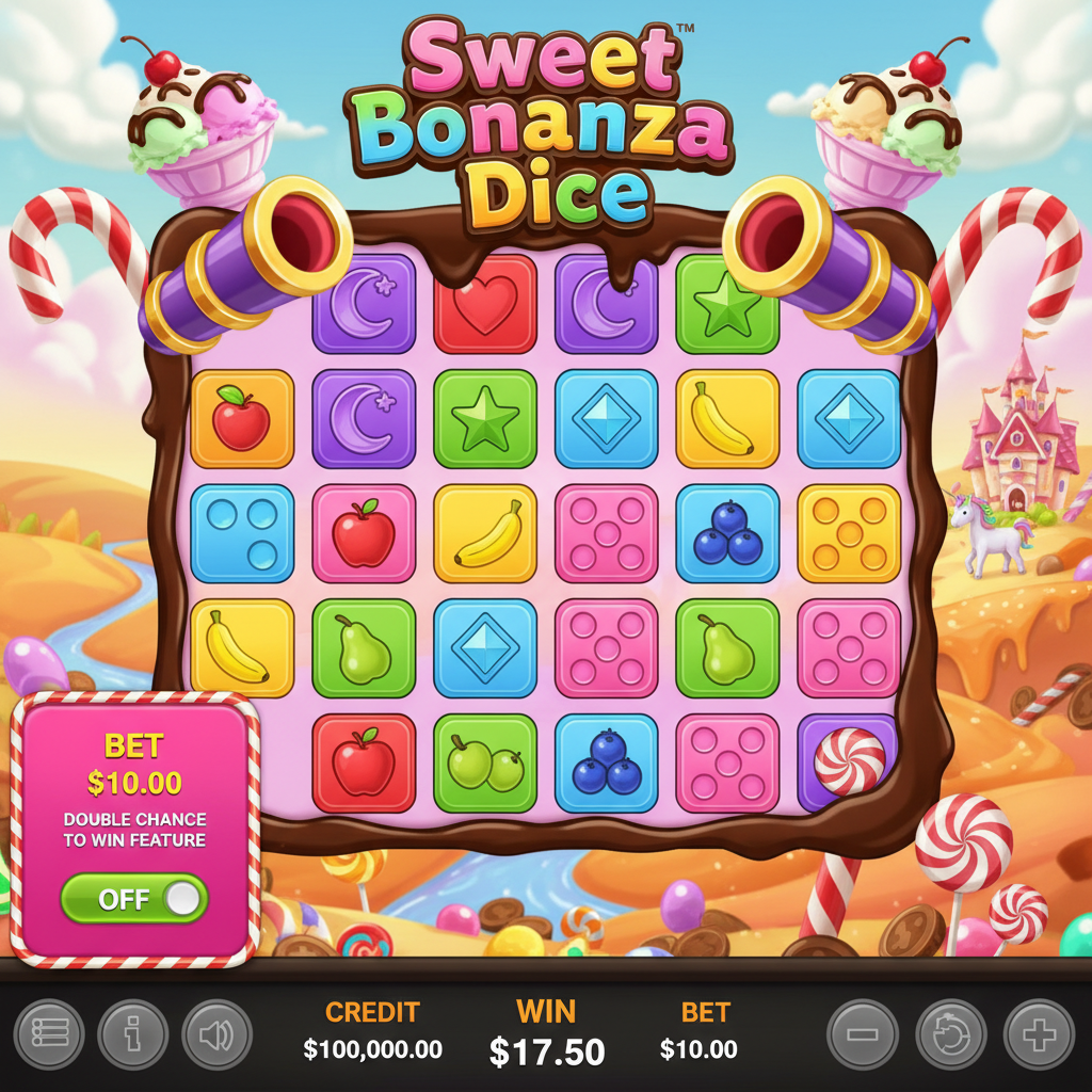 Sweet Bonanza Dice spelrutnät med färgglada godistärningar, hjärtan, månar och stjärnor i ett fantastiskt godislandskap med sockertopp och kanonstridskannoner