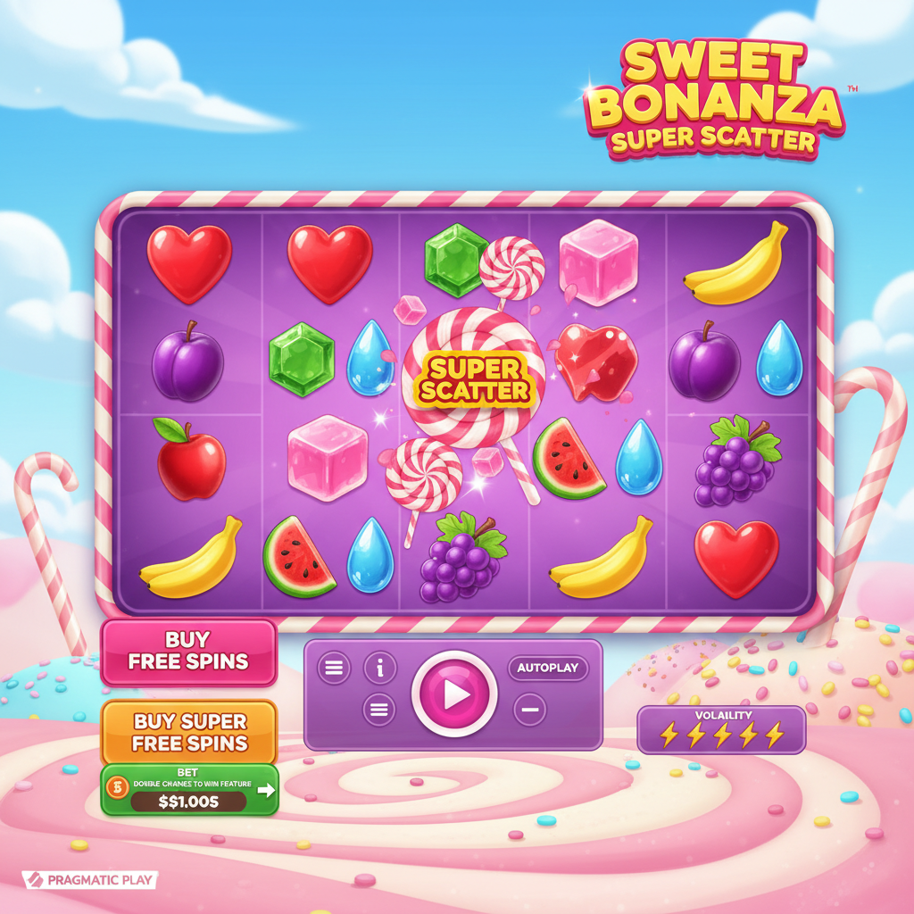 Sweet Bonanza Super Scatter spelplan med godis och fruktsymboler, lollipops och 6x5 rutnät med rosa och lila färger