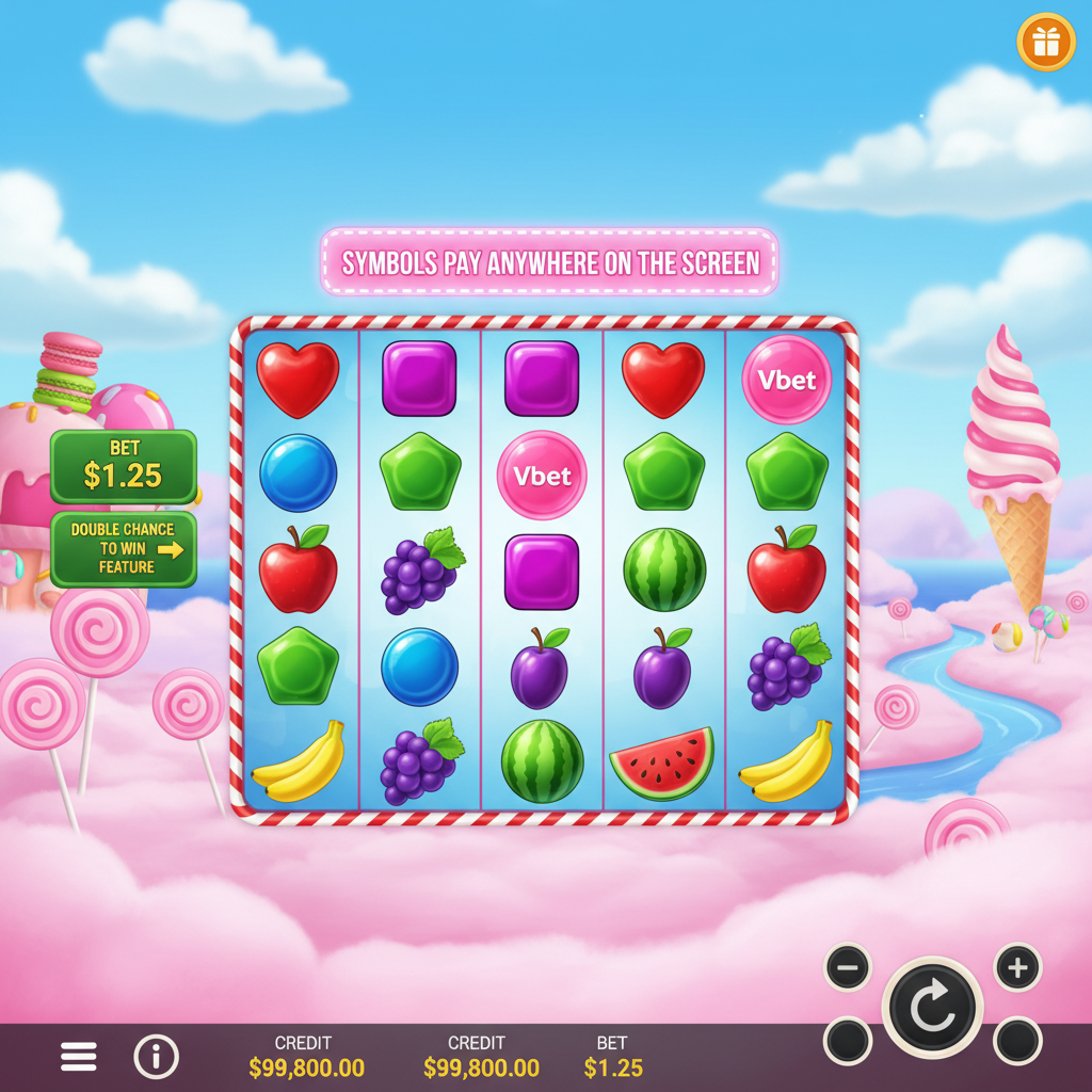 Sweet Bonanza Vbet spelrutnät med färgglada godisbitar, fruktsymboler och Vbet-klubba i fantasifullt godislandskap