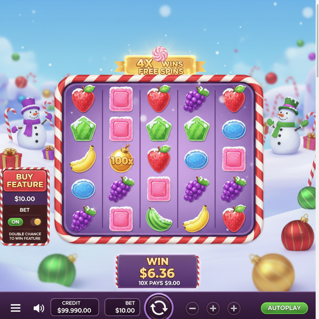 Sweet Bonanza Xmas slot med jultemad godisrulle, snöiga fruktsymboler, klubbor, hjärtan och guldmultiplikatorbomber på lila bakgrund
