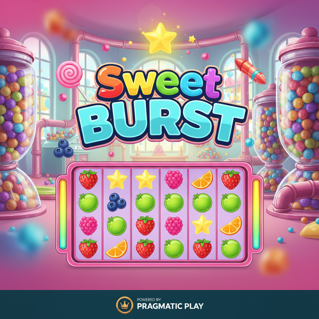 Sweet Burst slot med godisfabrik-tema, färgglada frukt- och godissymboler inklusive gul stjärna, grön lime, röd jordgubbe, apelsinskiva, rosa hallon och blåbär på 4x5 rutnät