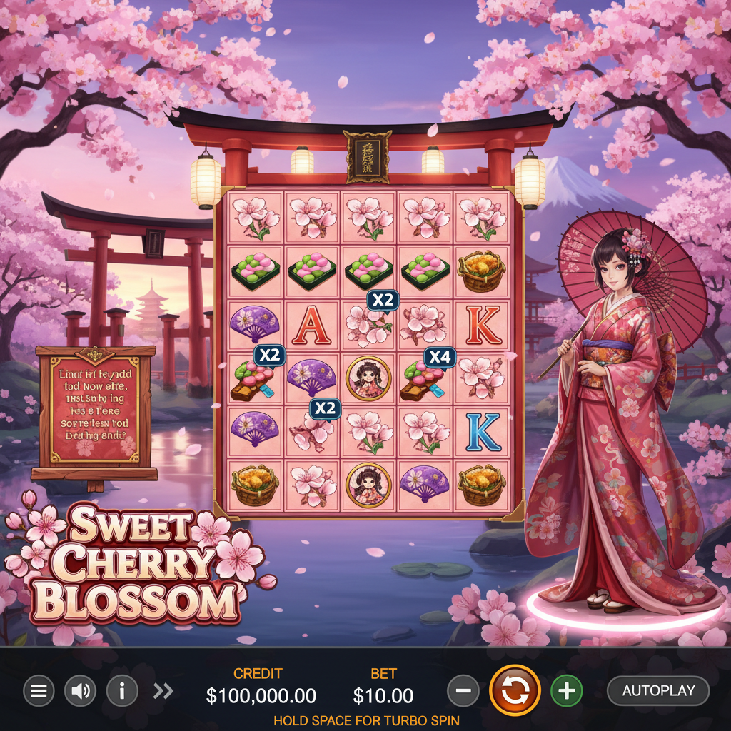 Sweet Cherry Blossom slot med japansk trädgård, körsbärsblommor, torii-grind, 7x7 rutnät, anime-karaktär i kimono och traditionella japanska symboler