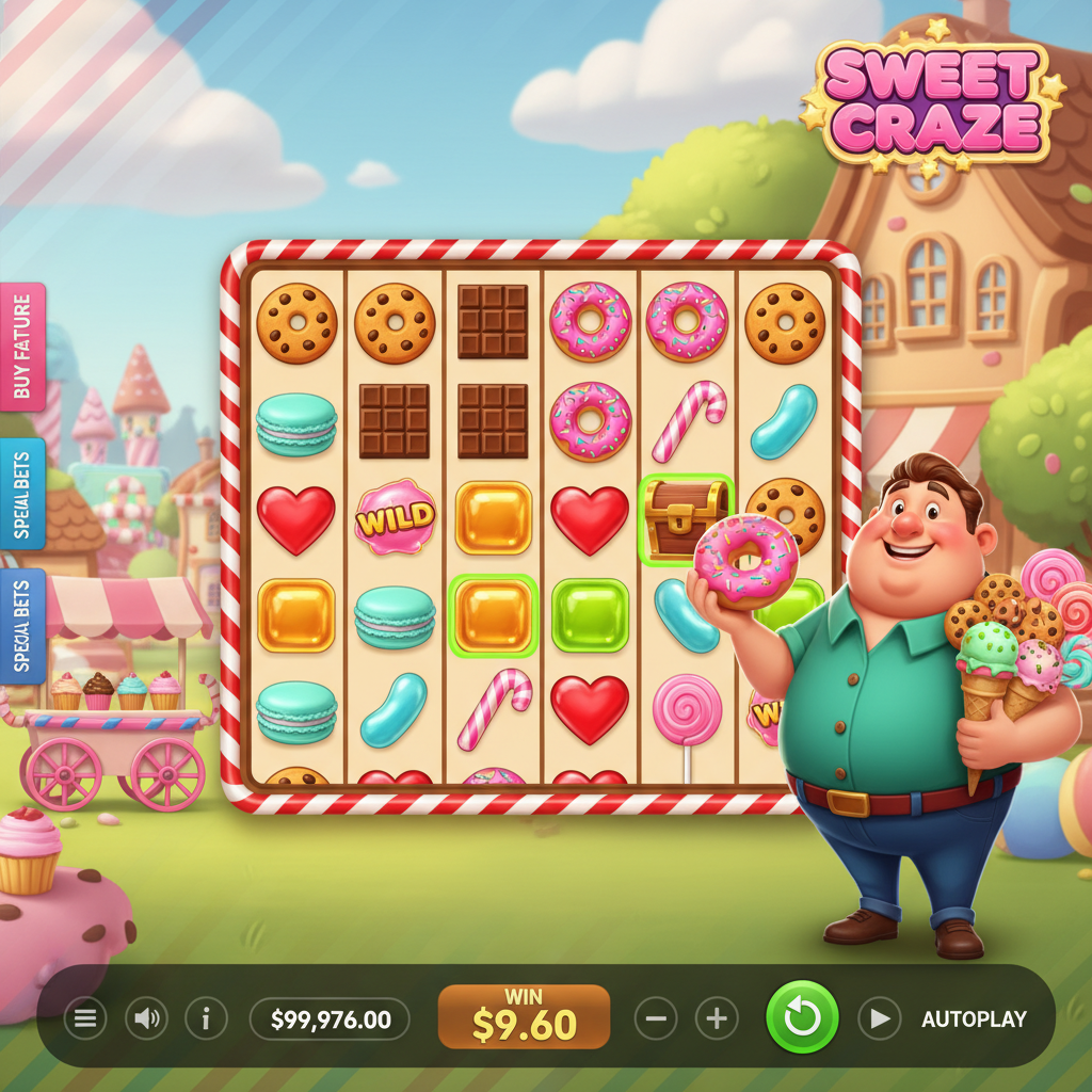 Sweet Craze spelrutnät med färgglada godissymboler, rosa munkar, choklad och gummibjörnar i 7x7 rutnät med godismaskotkille