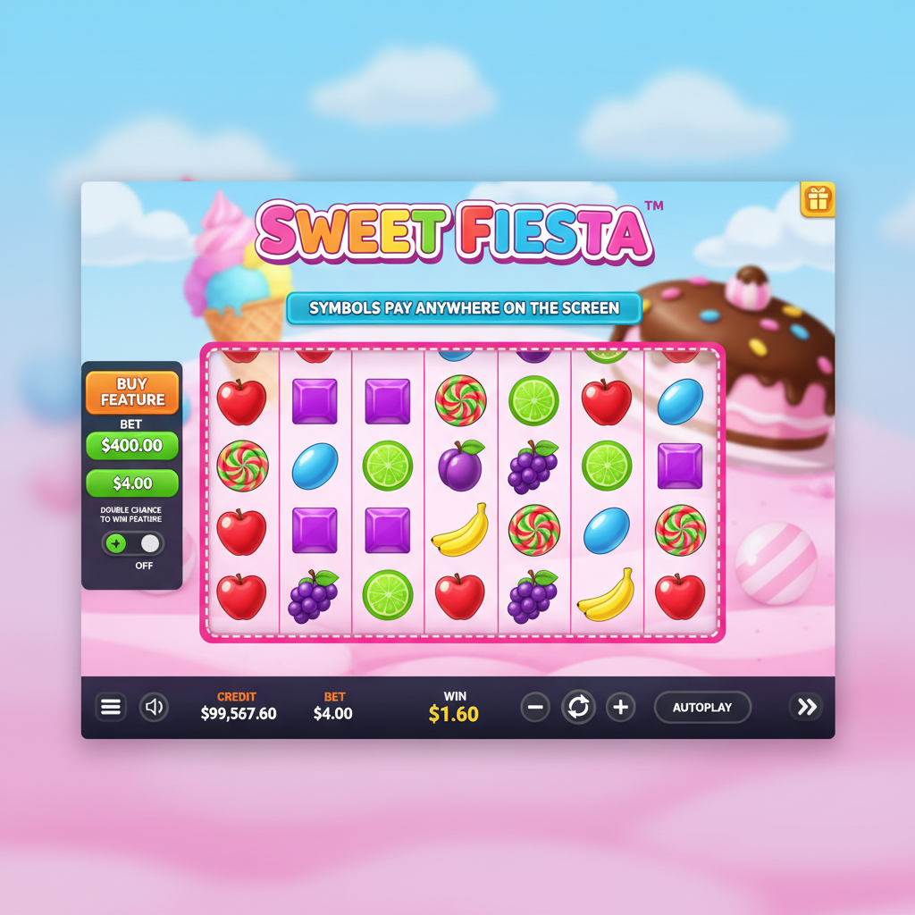 Sweet Fiesta spelrutnät med färgglada godisymboler, frukt och lollipop scatter på söt candyland-bakgrund