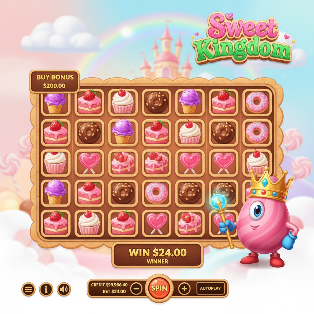 Sweet Kingdom slot med 7x7 rutnät, färgglada godisstaplar, cupcakes, jordgubbstårta, glasstrutar och hjärtformade klubbor mot en pastellfärgad godisslott-bakgrund