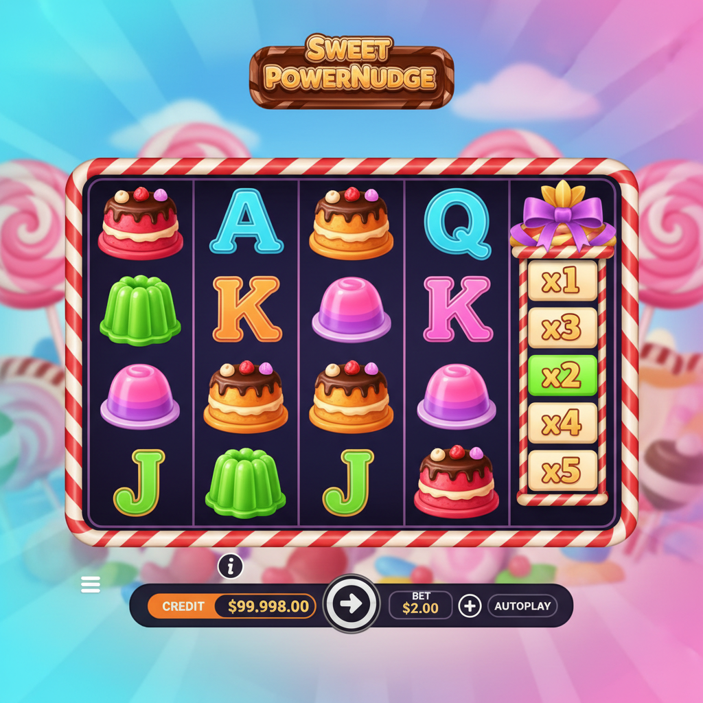 Sweet PowerNudge slotmaskin med färgglada godis-symboler, 6x5 rutnät, lollipops och lager-kakor på ljusblå candy-land bakgrund